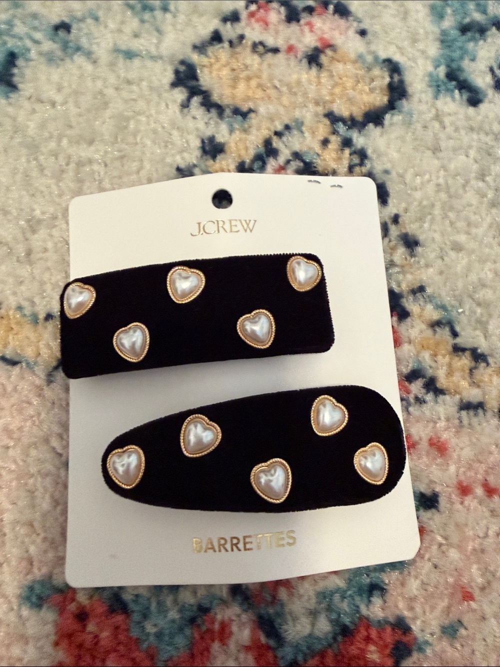 J. Crew Black Velvet Barrettes with Gold-Edged Pearl Hearts - Set of 2